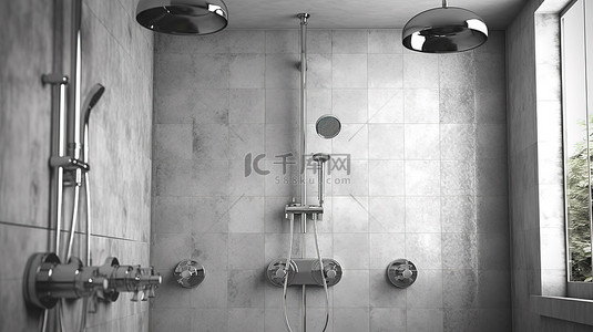时尚金属镀铬淋浴墙系统，带现代风格 3D 渲染水龙头