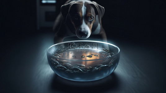 狗悬浮在食物碗中的犬悬浮 3D 渲染
