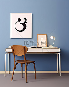 一间有蓝色墙壁椅子和桌子的房间