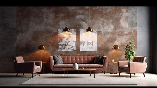 现代公寓中的休闲空间配有舒适的家具和时尚的装饰混凝土墙 3D 可视化