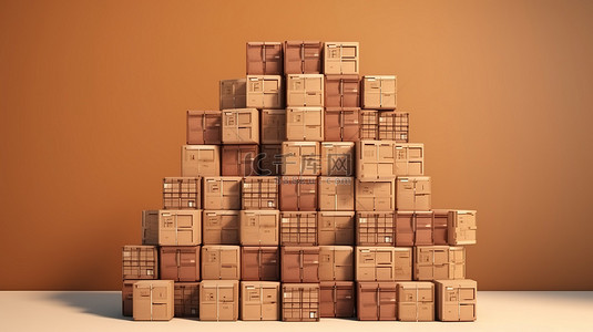 堆叠的棕色盒子和容器，带有复制空间，以 3D 形式说明物流和运输服务