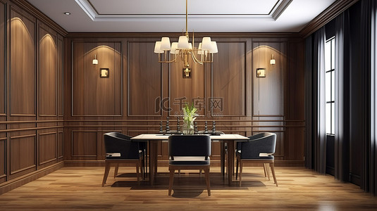 木质优雅的 3D 渲染餐厅，配有装饰性木镶板和地板