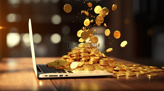 虚拟市场概念 3D 渲染金币从办公桌上的笔记本电脑屏幕中迸发出来