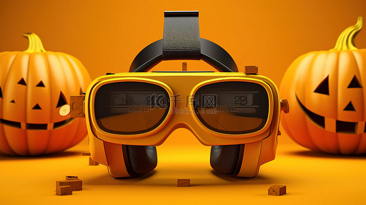 身临其境的万圣节体验 VR 护目镜和配件在 3D 渲染的黄色背景