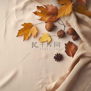 亚麻织物背景图片_亚麻织物上的秋叶