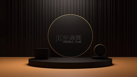 金色背景黑色讲台设置黑色形状用于产品展示 3D 渲染