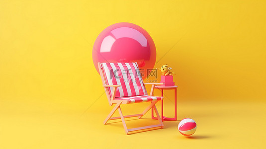 夏季场景，一张粉色沙滩椅，黄色背景上有浮子和球，是旅行的 3D 插图
