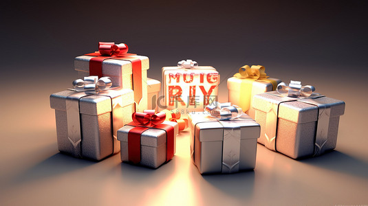 新年和圣诞快乐礼品盒的 3D 插图，带有节日刻字
