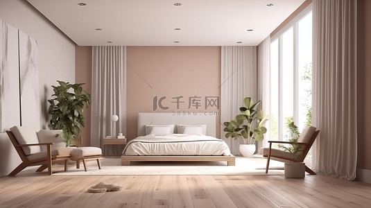 3D 渲染卧室和起居区的简约酒店室内设计