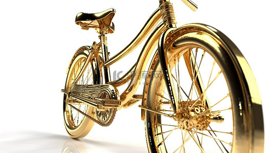 闪亮的金色自行车在 3d 渲染在白色背景