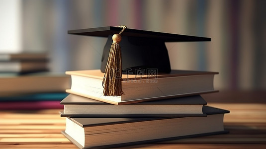 3d 在线教育概念中的毕业帽和书籍插图