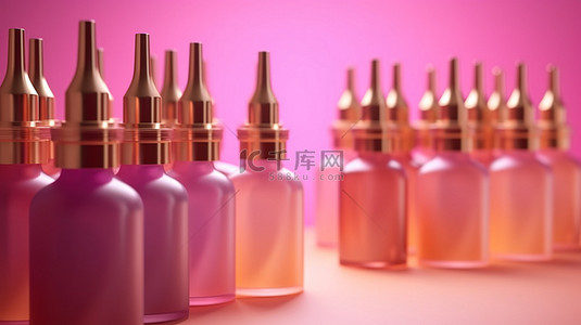 吸管背景背景图片_精致柔和的粉红色背景，带有紫色和金色血清吸管瓶的 3d 渲染，带粉红色讲台
