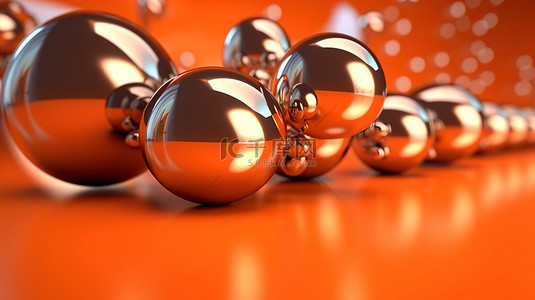 橙色气球背景图片_橙色抽象设计的 3D 渲染，具有玻璃和金属铬气球和充满活力的背光
