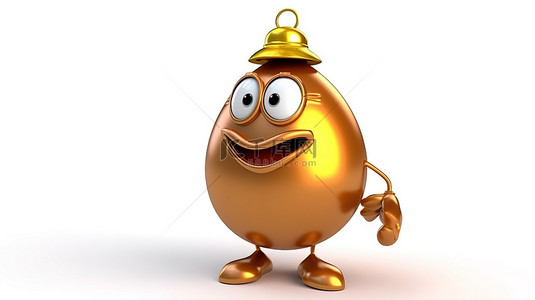 复古金色校钟搭配棕色鸡蛋人吉祥物，在白色背景上以 3D 渲染