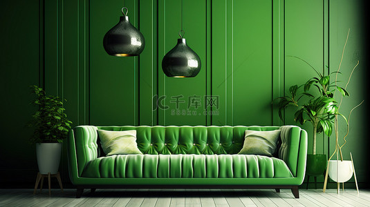 绿色客厅的 3D 渲染，配有头顶灯和毛绒枕头