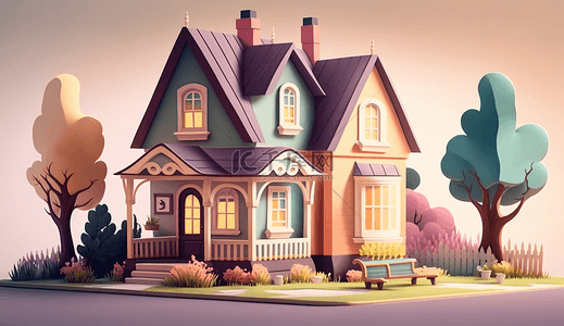绿色房子背景图片_花园树花朵植物卡通房子背景创意插图