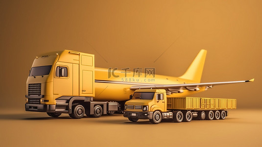 公司展示背景图片_中性背景展示了飞机卡车货运列车和货物集装箱的 3D 渲染
