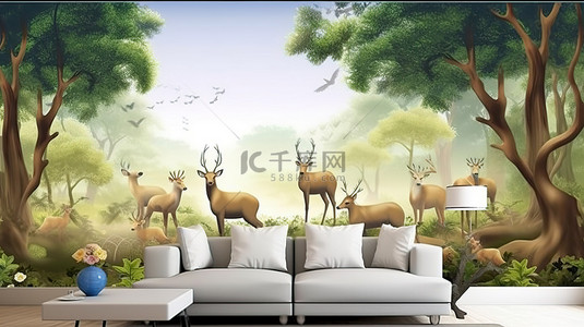 欧洲花草剪影背景图片_令人惊叹的 3D 平面艺术风景壁纸，以丛林森林鹿和圣诞树为特色