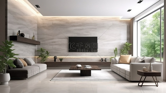 简约的现代客厅配有内置装饰墙木制电视柜白色大理石装饰和 3D 渲染沙发套件