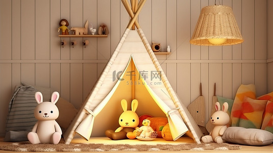 毛绒玩具马背景图片_儿童卧室的插图 3D 渲染，配有毛绒动物玩具和俏皮的圆锥形帐篷
