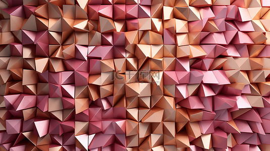 3D 马赛克抽象背景现代艺术概念，以棕色粉色和金色金属三角形为特色