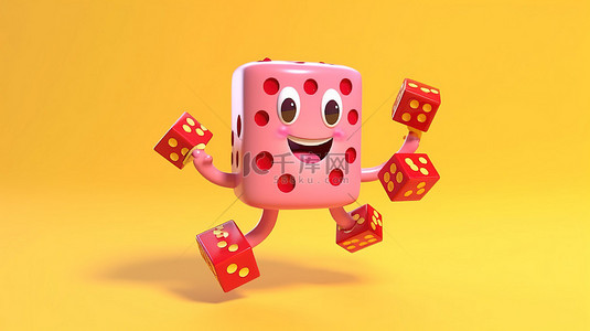 红色蛋糕背景图片_黄色背景 3D 渲染上带有红色游戏骰子立方体的草莓粉色釉面甜甜圈吉祥物的飞行