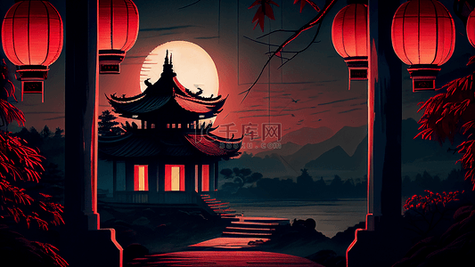 城堡风格背景图片_亭台楼阁红灯笼插画背景