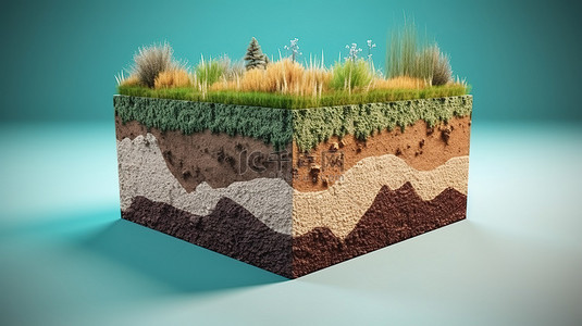 令人惊叹的 3D 立方景观，郁郁葱葱的绿草和土壤地质横截面地面生态，与蓝天隔离