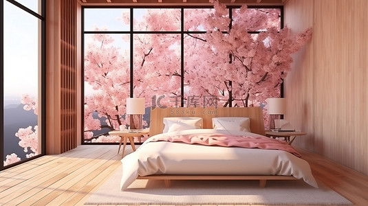 现代木质装饰卧室 3D 渲染，配有宽敞的窗户和粉红色花朵的美景