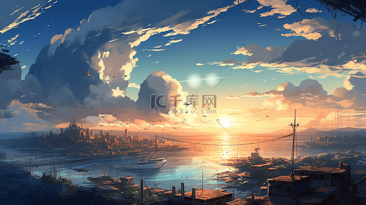 卡通乌云云朵背景图片_海上日出船云朵云层天空背景