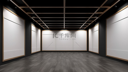 简约的模型在一个抽象的空间里，在黑墙上贴着一张白色海报，有木地板和方形深色天花板
