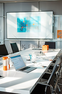 现代化的行政会议室里摆满了笔记本电脑