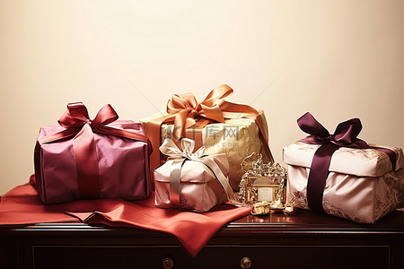 礼物包装背景图片_桌子上摆着三种不同形状不同包装的物品