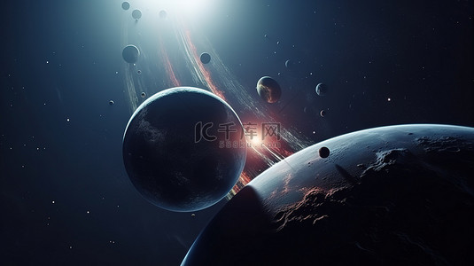 陨石宇宙背景图片_星际扩张中的系外行星系统 3d 渲染