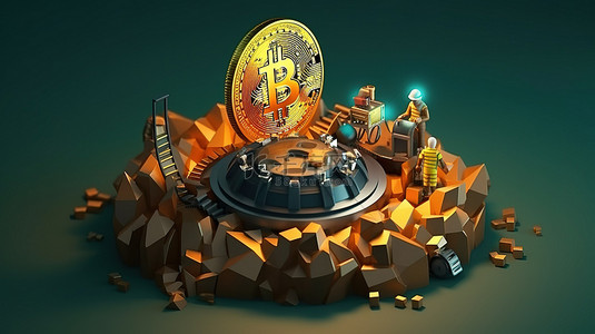描述加密货币挖掘概念的 3D 插图