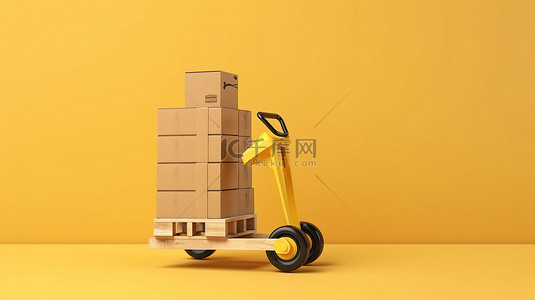 木制托盘背景图片_1 黄色背景的 3D 渲染，带有纸板箱和木制托盘上的手动托盘车