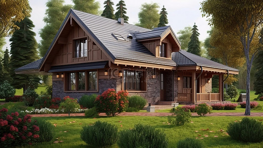 外观建筑背景图片_迷人乡村小屋外观的 3D 插图