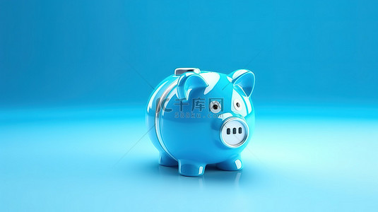 动物牛储蓄罐背景图片_3D 渲染的蓝色背景展示储蓄罐的省钱概念