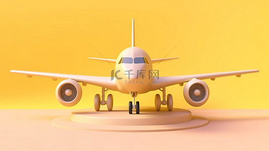 3d科技旅行背景图片_跑道上柔和的黄色飞机，配有起飞讲台和软背景 3D 渲染