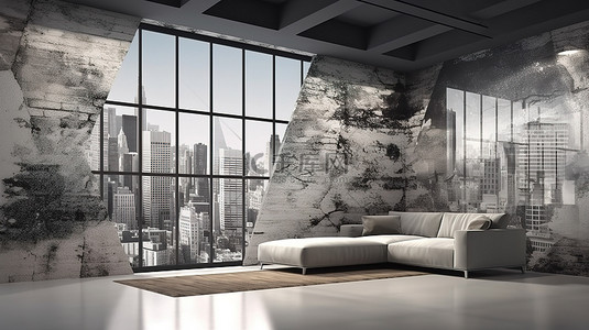 城市景观墙贴装饰着 3D 渲染的现代前向房间