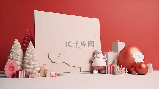红色圣诞雪花背景背景图片_空 3D 画布渲染上的圣诞老人和圣诞装饰品