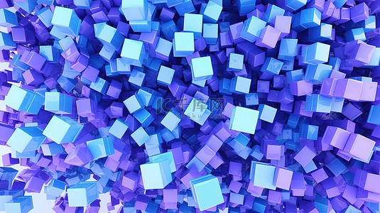 飞行的蓝色和紫色立方体的抽象 3D 渲染