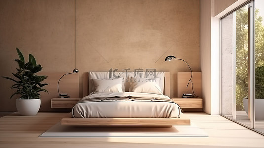 时尚现代的卧室设计，带有简约的 3D 渲染效果