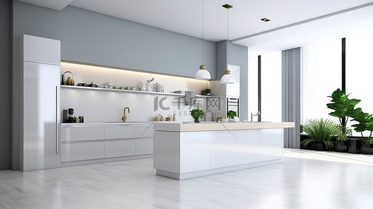 时尚简约的厨房设计，配有内置柜台和白色橱柜 3D 渲染