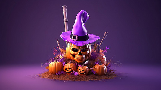 巫婆帽子骨头头骨坟墓南瓜和扫帚的 3D 渲染漂浮在神秘的紫色背景上，进行怪异的万圣节庆祝活动