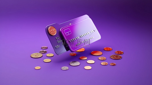 紫色背景，信用卡和硬币支持无现金购物和 3D 渲染储蓄