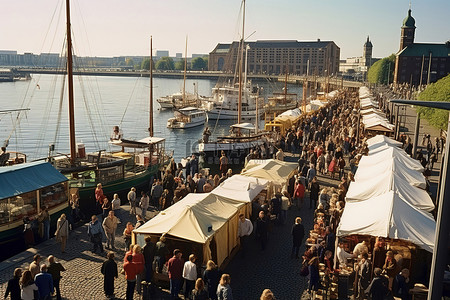 市场摊位背景图片_有船和人的河边市场
