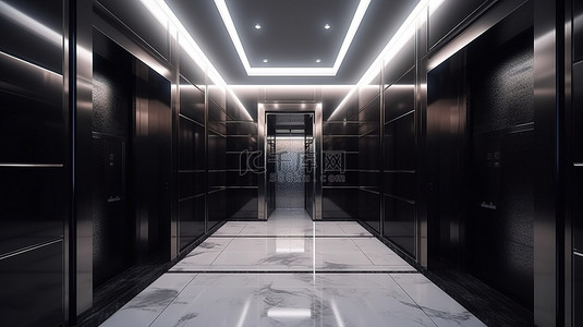 电梯门厅背景图片_通过 3D 渲染描绘的现代商务酒店不锈钢电梯电梯大堂的豪华设计