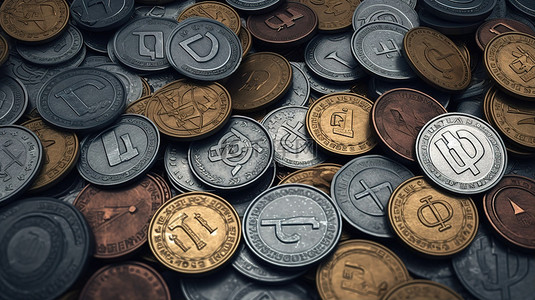老式金属硬币上的各种货币符号非常适合金融和加密主题项目 3D 插图