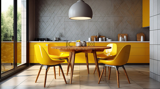 现代厨房的 3D 渲染，配有桌子和时尚的黄色椅子